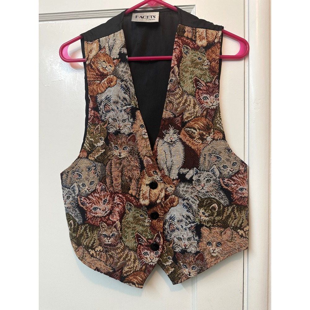 Facets by Mirrors Vintage Cat Kitten Tapestry Vest Small Woven Jacquard USA Made